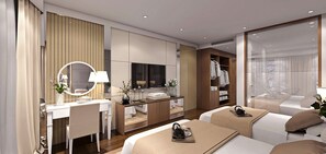 A modern hotel room with a desk, two beds, a vanity with a mirror, and a walk-in closet. - Alansea Danang Hotel (Da Nang)