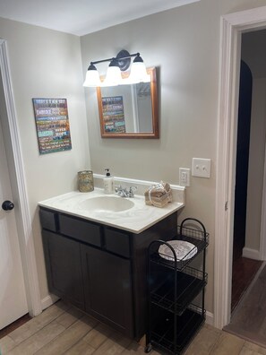 Shower, towels, soap, toilet paper - Cozy 2-bedroom house in centrally located Auburn with air conditioning/heating (Auburn)