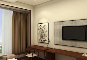 A modern hotel room with a large window, a desk, a chair, a flat-screen TV, and a framed artwork on the wall. - Renaissance Ahmedabad Hotel (Ahmedabad)