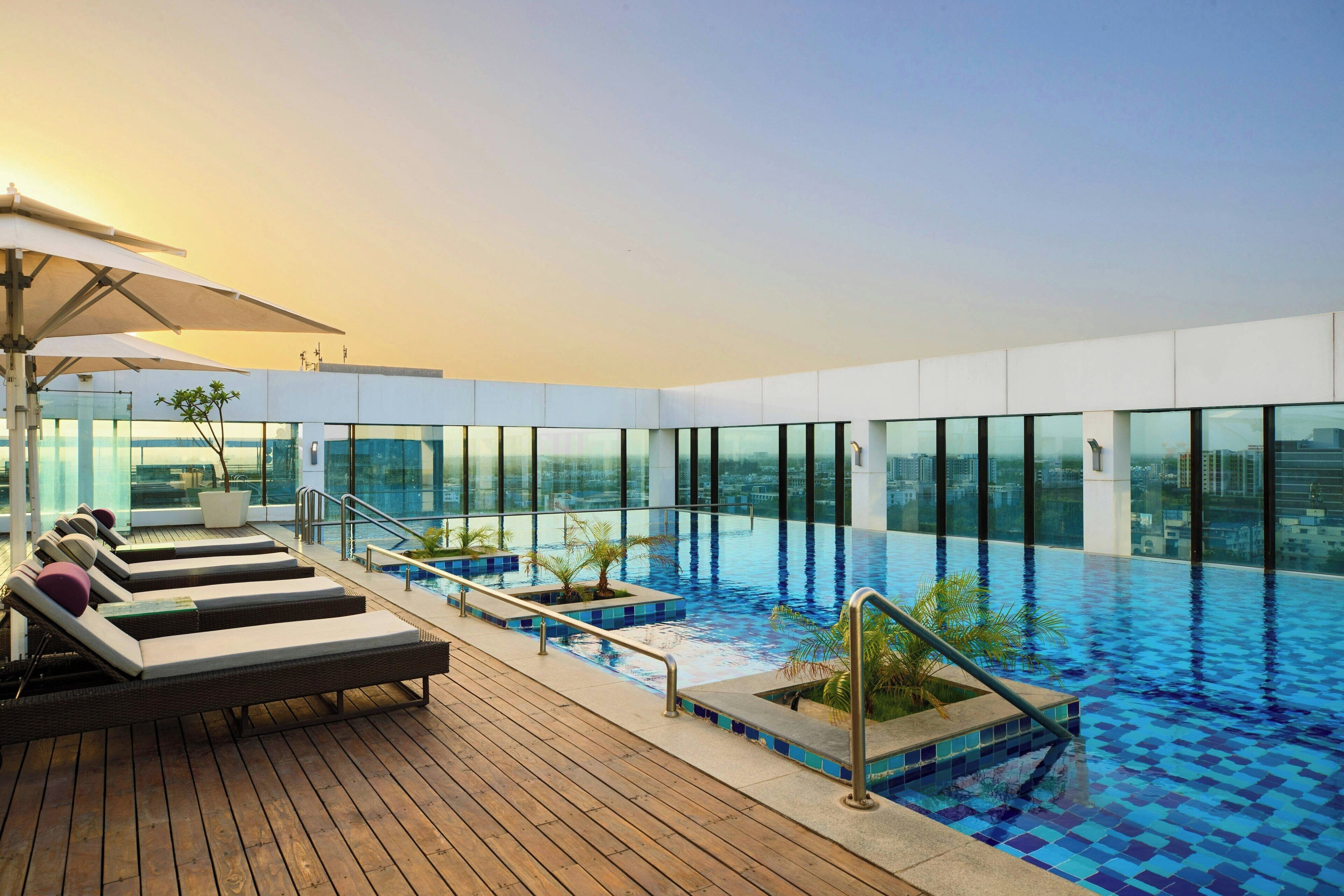 A rooftop infinity pool with lounge chairs and potted plants.