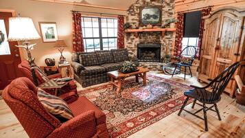 TV, fireplace, books, stereo