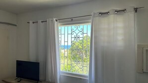 Una stanza con una TV su una scrivania di legno, una finestra con tende bianche e vista su vegetazione e mare.