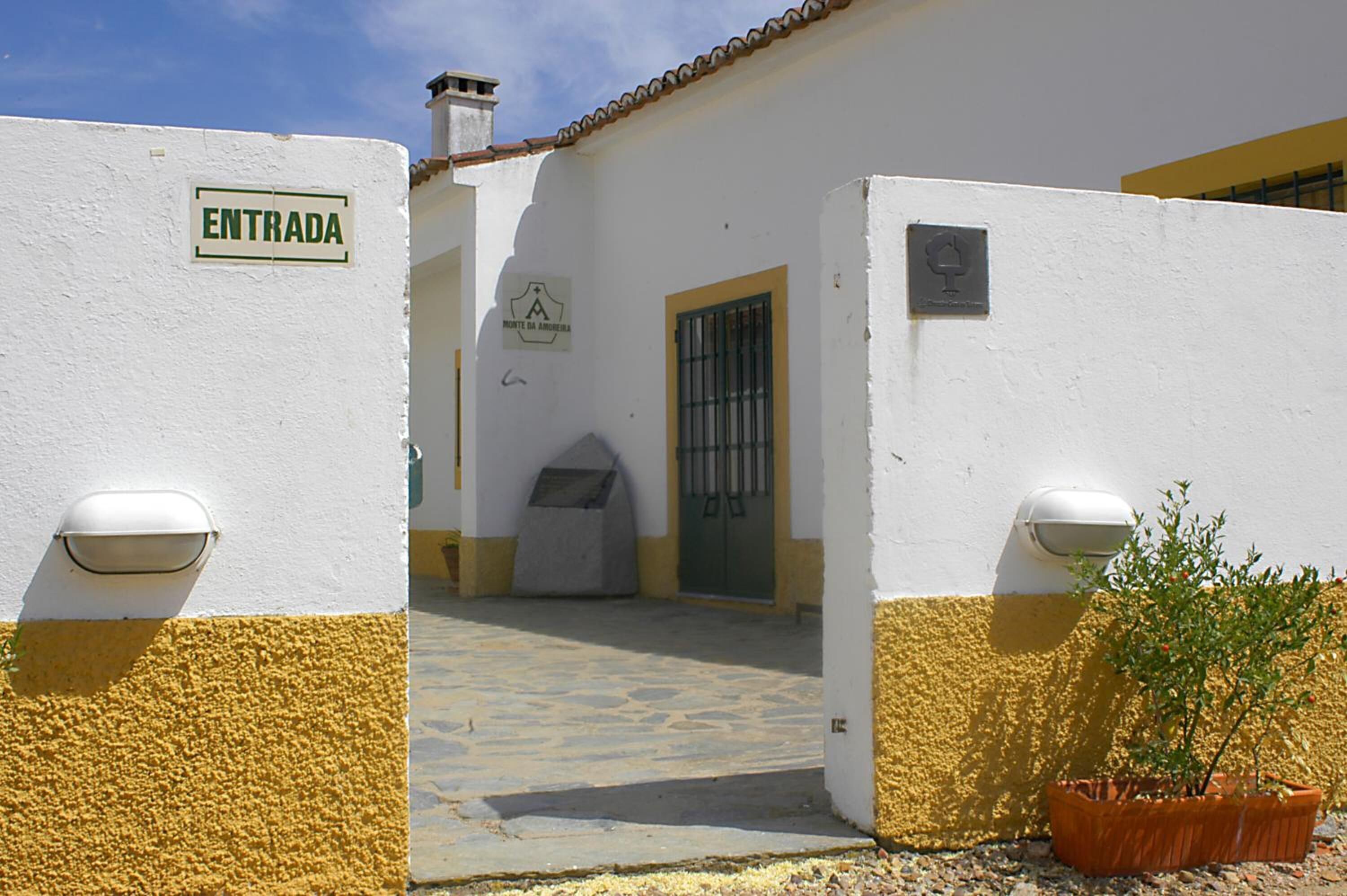 A white building with a yellow base, an entrance sign, a door, and a small garden area with a potted plant.