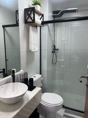 Hair dryer, towels, toilet paper