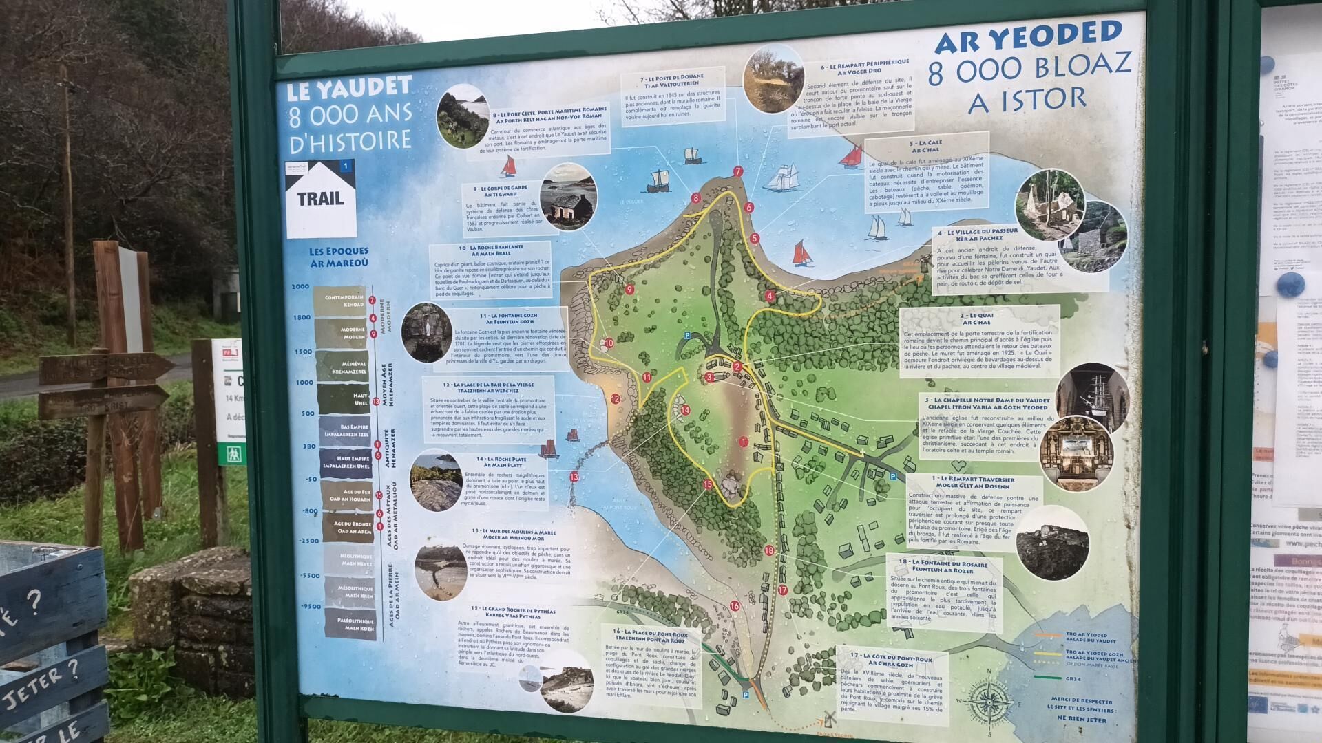 A historical map with labeled points of interest and a trail guide.