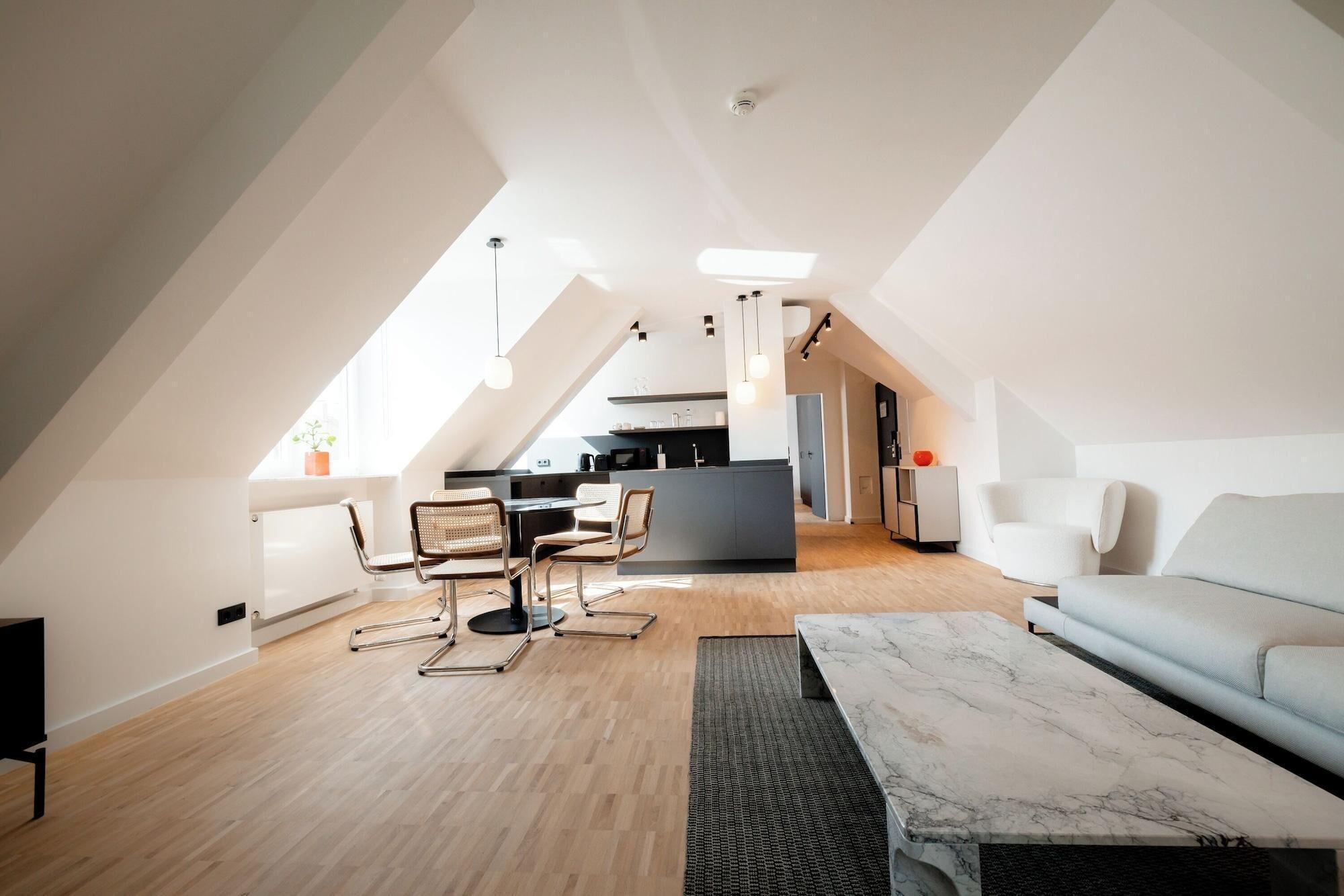 Un appartement moderne de style « loft », comprenant une cuisine, un coin repas et un espace de vie.