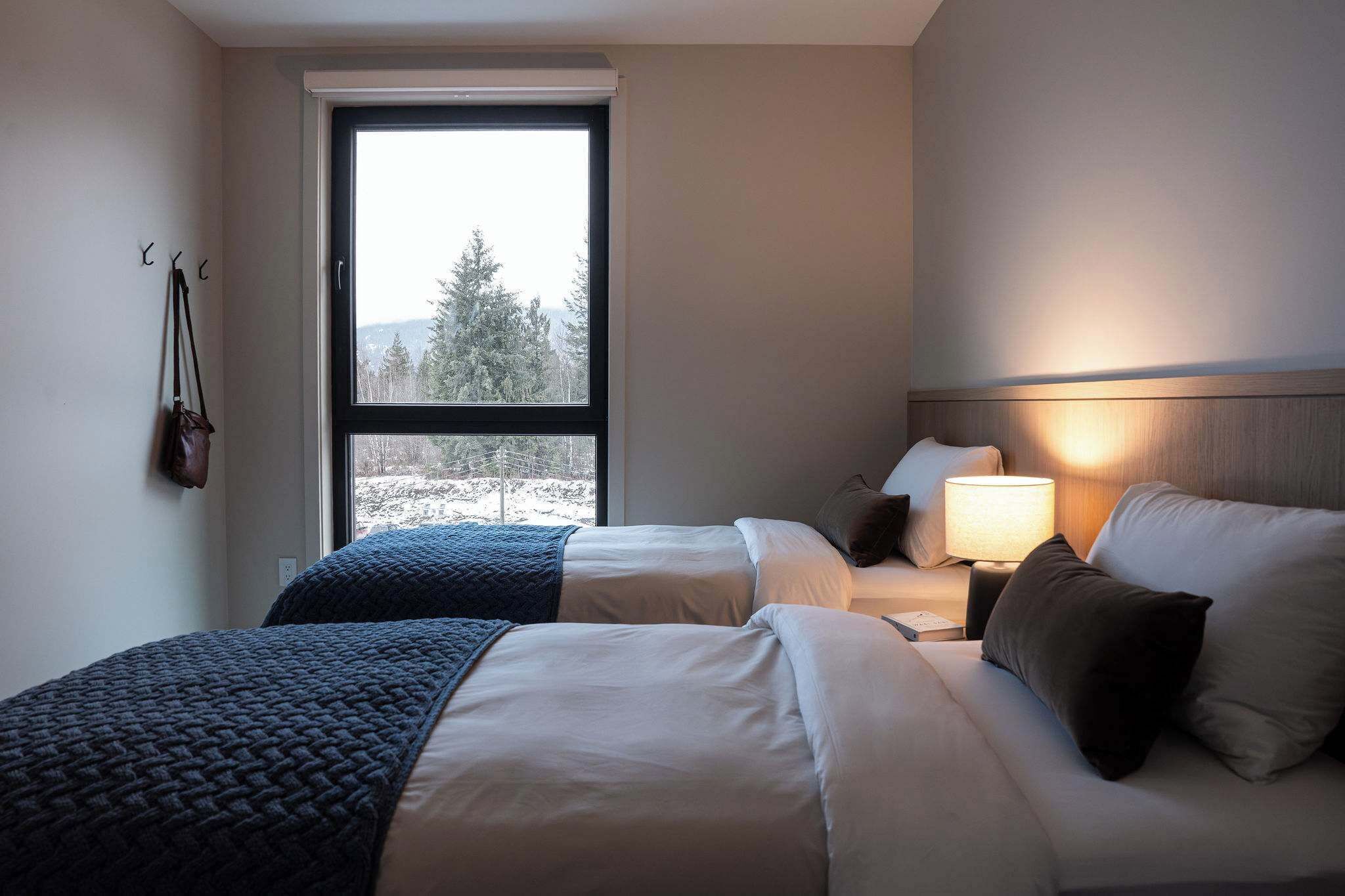 A hotel room with two beds, a window with a view of trees, a lamp on the nightstand, and a coat rack with a bag.