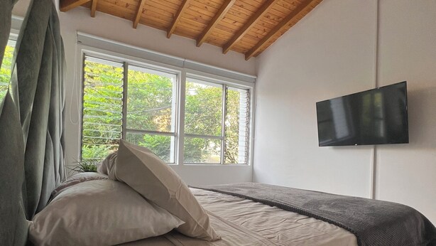 A bedroom with a wooden ceiling, a bed with beige bedding, a gray sofa, a TV mounted on the wall, and a window with a view of greenery. - Perfect 4-bedroom house for 12 pp in Envigado/ Medellín with Jacuzzi and rooftop (Envigado)