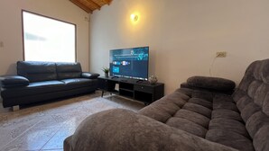 A living room with a wooden ceiling, a black leather sofa, a gray sofa, a TV on a black stand, and a potted plant. - Perfect 4-bedroom house for 12 pp in Envigado/ Medellín with Jacuzzi and rooftop (Envigado)