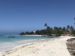 A beach with boats, a lighthouse, and palm trees. - Aluna Beach Lodge (Nungwi)