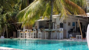 A swimming pool with white lounge chairs and a bar area, surrounded by palm trees. - Sharazad Villa (Jambiani)