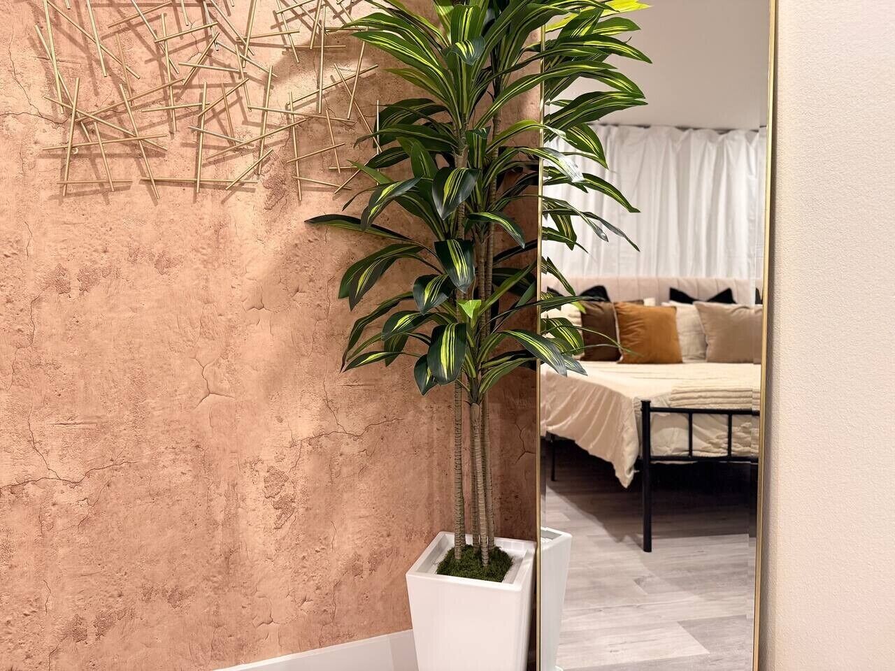A room with a bed, a bedside table, and a potted plant.