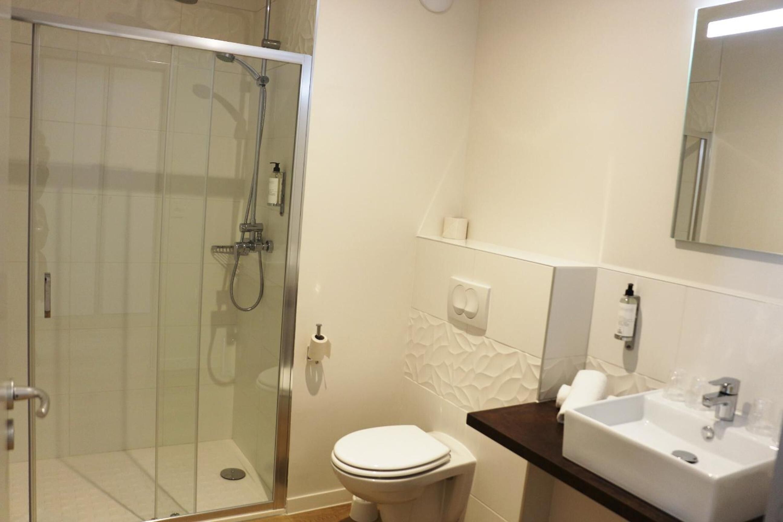 Un baño moderno con ducha envuelta en vidrio, inodoro blanco y lavamanos con espejo.