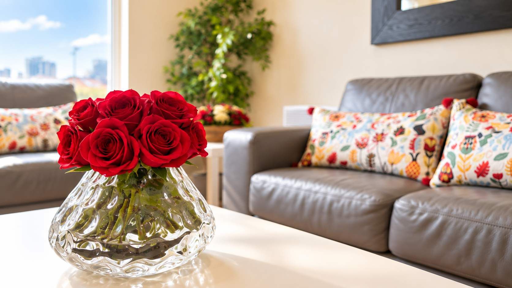 Un salon avec un vase en verre contenant des roses rouges posé sur une table, un canapé en cuir marron agrémenté de coussins à motifs floraux et une vue sur le paysage urbain par la fenêtre.