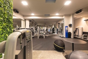 A gym with various exercise equipment, a mirrored wall, and a green wall decoration. - Albermonaco (Trento)