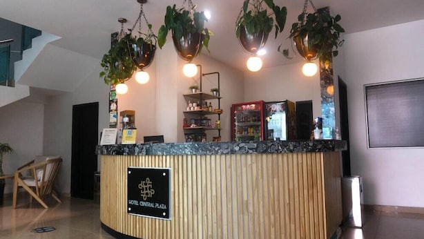 Un mostrador de recepción con un letrero que dice "HOTEL CENTRAL PLAZA", rodeado de plantas colgantes y una barra con varios objetos.
