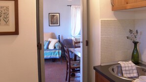 A kitchen with a sink, a dining area with a table and chairs, a bed with a blue and white striped bedspread, and a framed botanical illustration on the wall. - Agriturismo Villanova (Levanto)