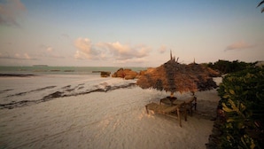 Une plage avec un abri de chaume et une chaise en bois.