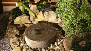 A stone water feature with a basin, surrounded by rocks and greenery. - Machiya Kaemon Kyoto sta (Kyoto)