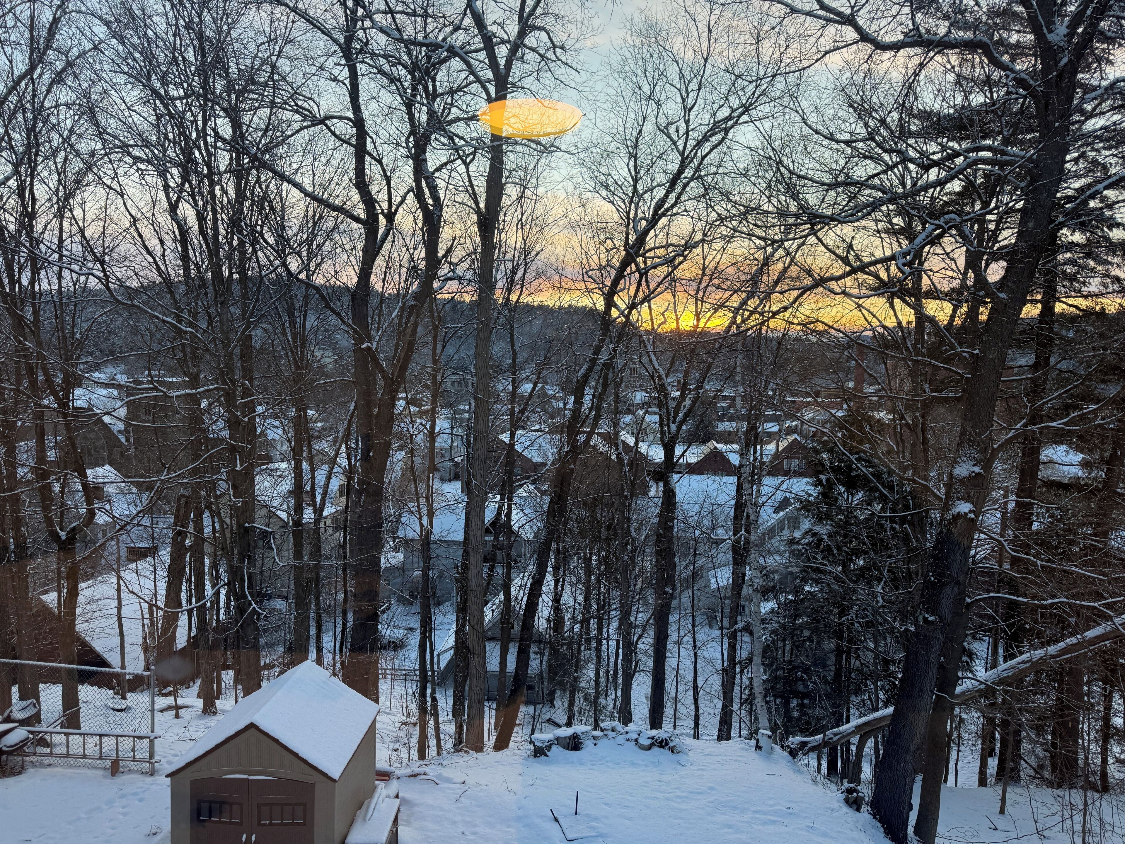 A snow-covered landscape with bare trees and a small house in the foreground.