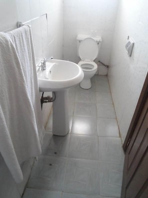 Een kleine badkamer met een witte wastafel, toilet en een handdoek aan de muur.