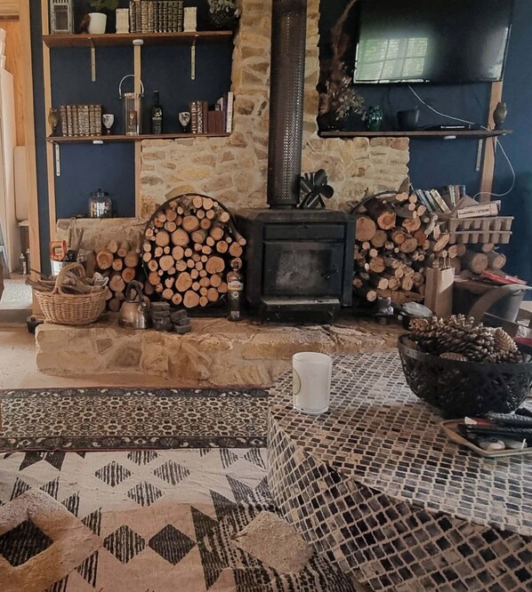 A cozy living room with a stone fireplace, a television mounted on the wall, and a bookshelf filled with books and decorative items.