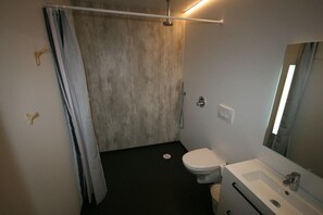 Une salle de bain avec douche, toilettes et lavabo.