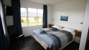 Een hotelkamer met een bed, een stoel, een televisie, een raam met uitzicht en een schilderij aan de muur.
