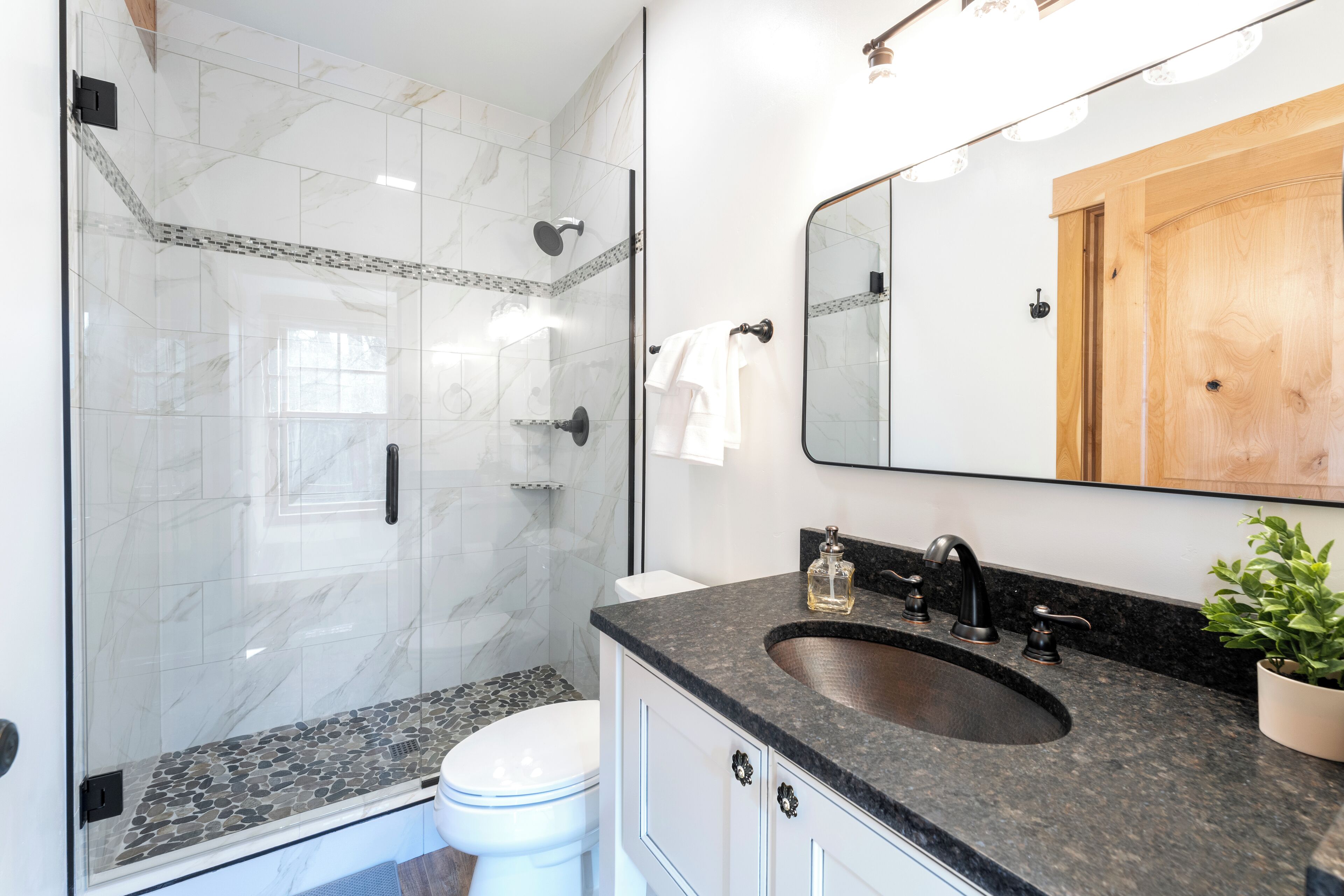 Une salle de bain moderne avec une douche à parois de verre, un lavabo avec un miroir au-dessus et une plante en pot posée sur le comptoir.
