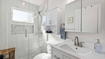 Shower, hair dryer, towels