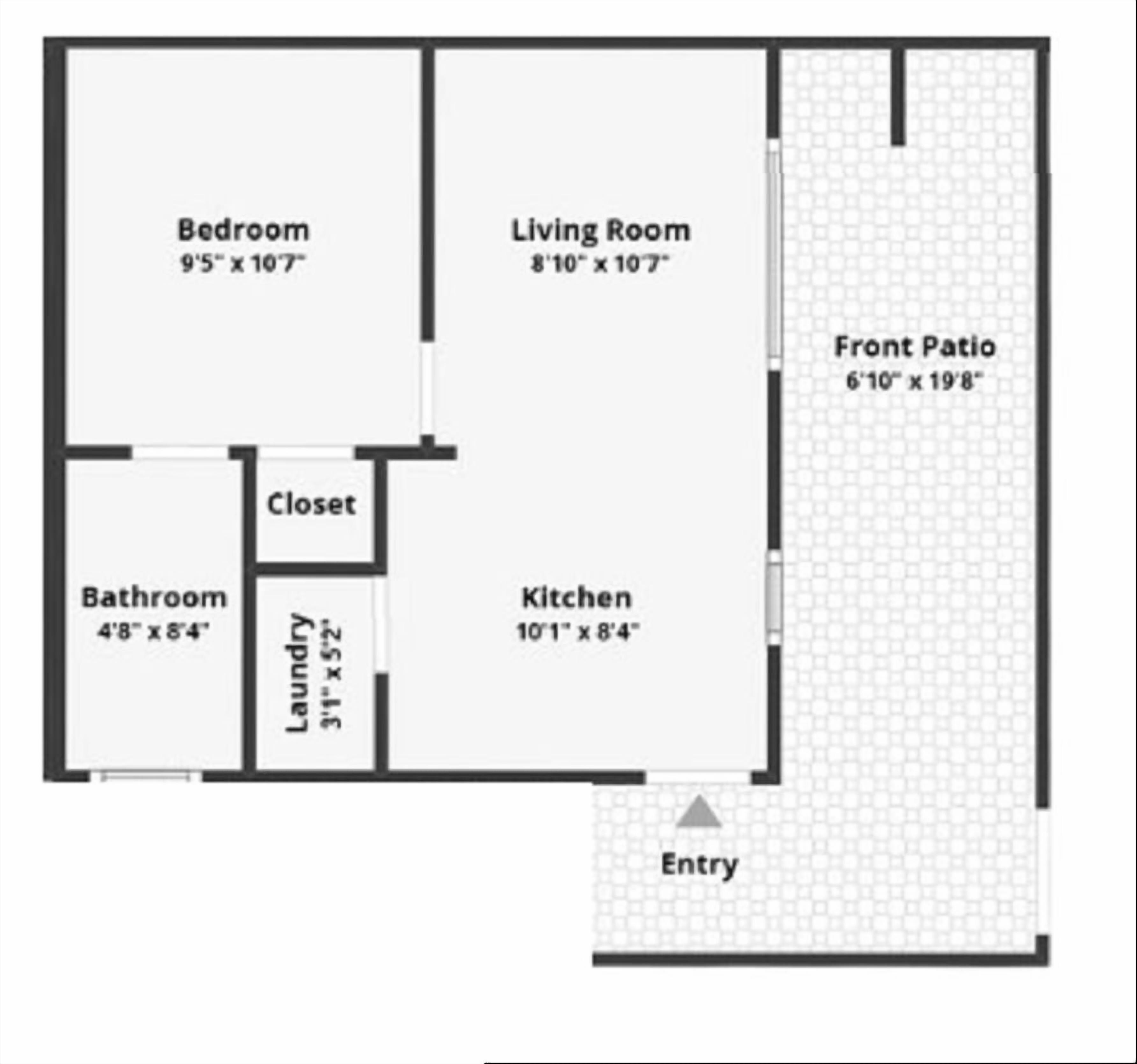 Een plattegrond met een slaapkamer, woonkamer, voortuin, badkamer, inloopkast, wasruimte, keuken en entree.
