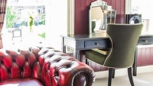 Habitación con sofá de cuero rojo, sillón verde, escritorio con espejo y ventana con vista a follaje.