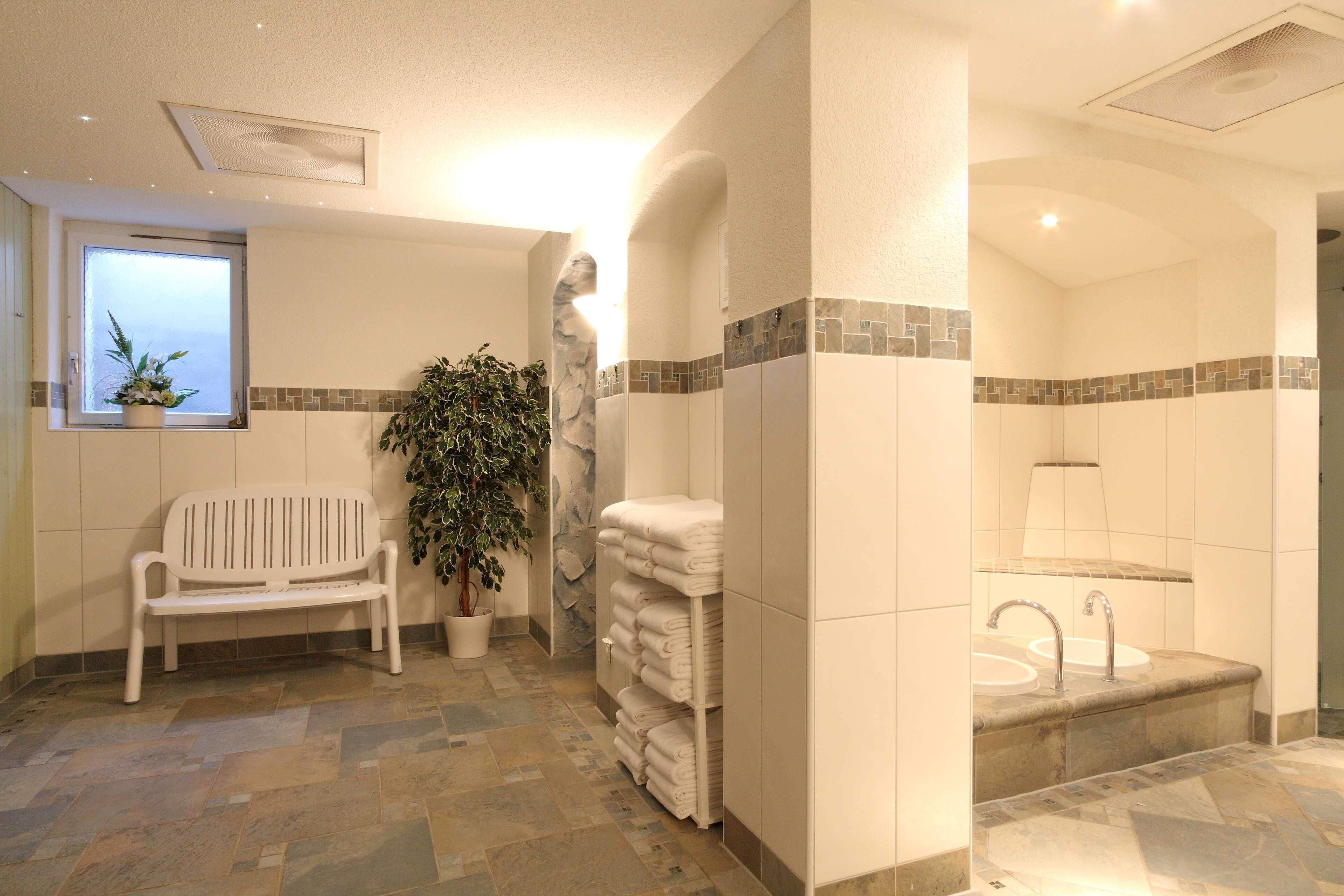 A bathroom with a bench, a potted plant, a towel rack, and a sink with a tiled backsplash.