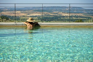 Una persona en una piscina cristalina con vistas a un paisaje a través de una valla de metal.