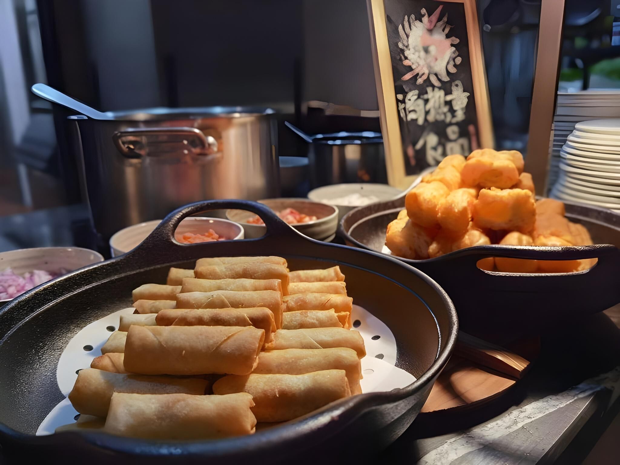 Un buffet proposant des rouleaux de printemps, des beignets et diverses sauces.