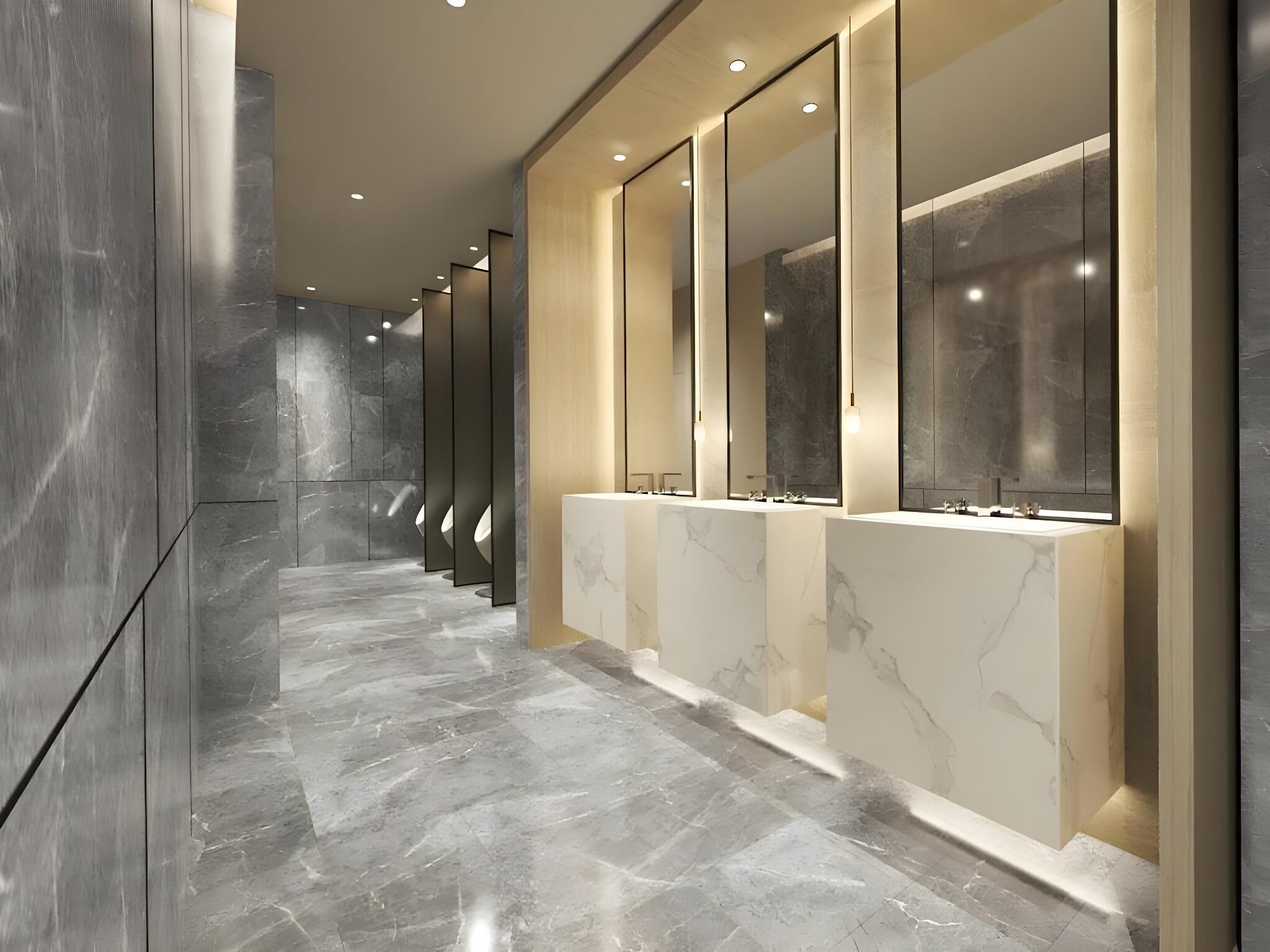 A modern bathroom with marble floors, multiple sinks, and large mirrors.