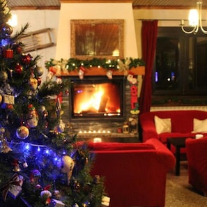 A cozy living room with a fireplace, a Christmas tree, and red furniture. - Peretol (Bordes d'Envalira)