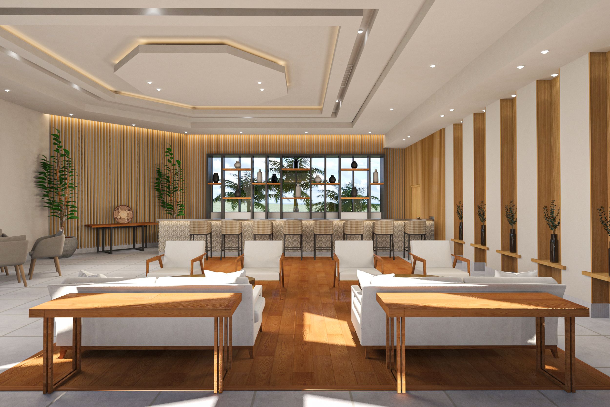 A modern hotel lobby with a seating area, a reception desk, and a large window with a view.