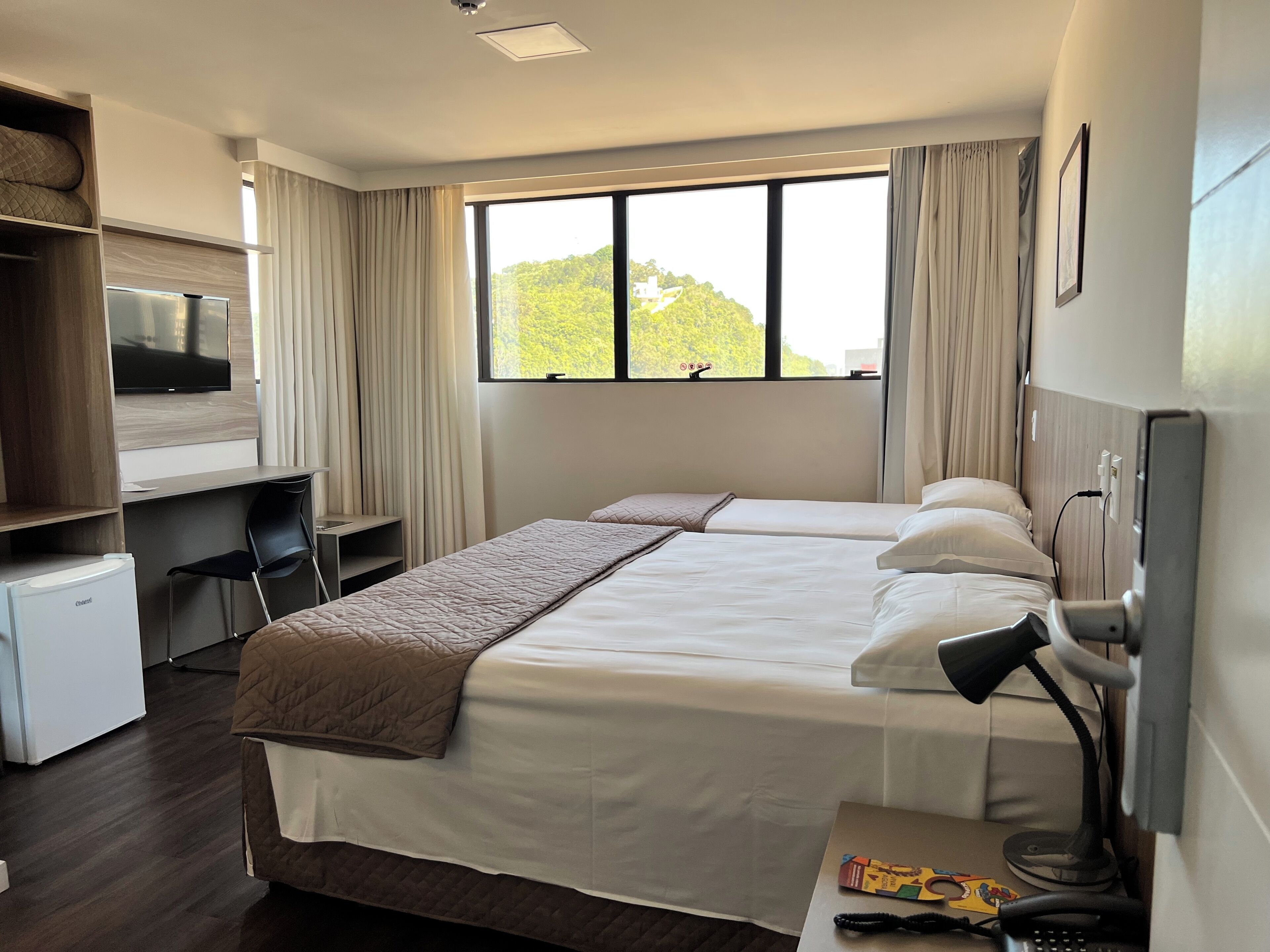 A hotel room with a bed, desk, chair, TV, and a window with a view of greenery.