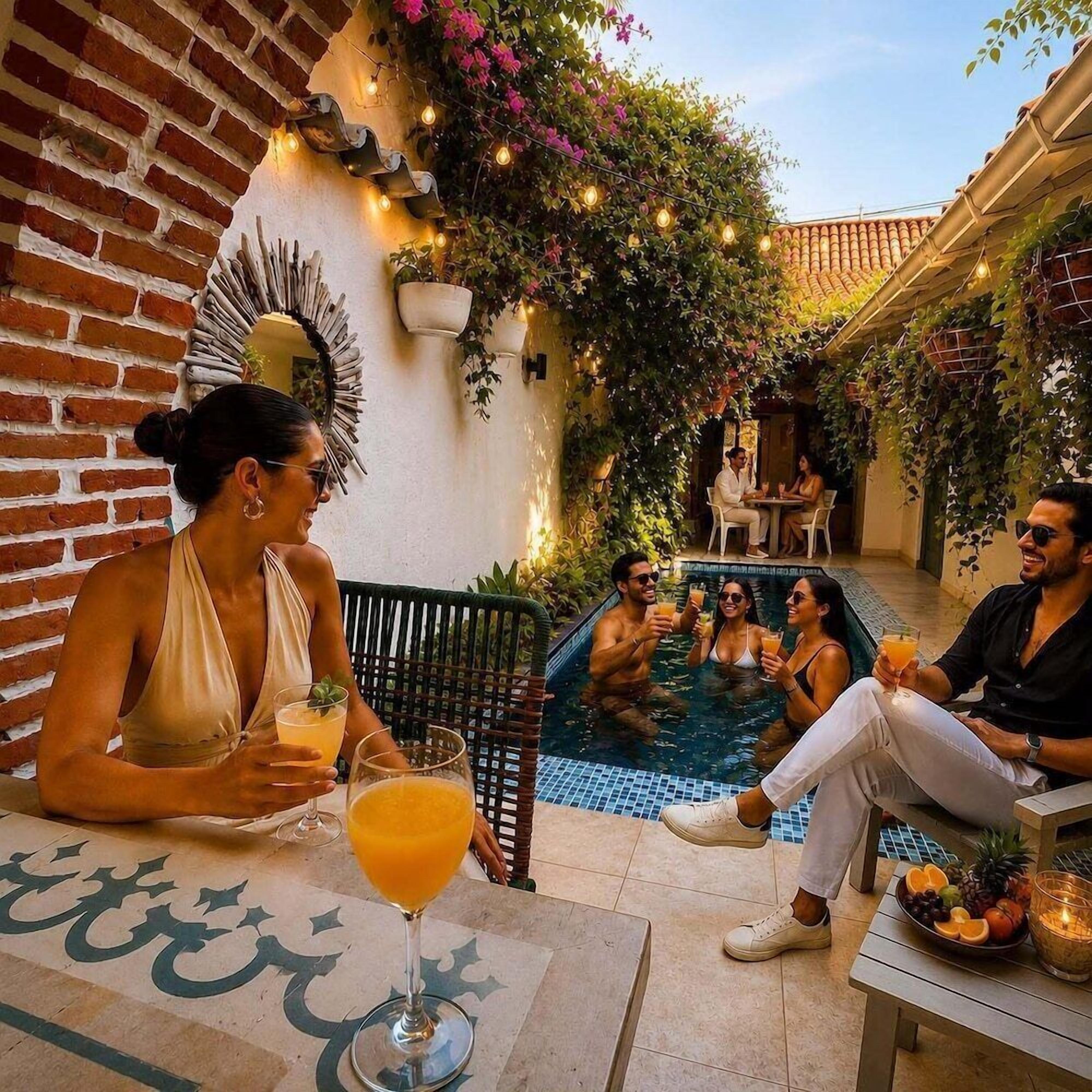 An outdoor seating area with a pool, surrounded by brick walls and greenery.