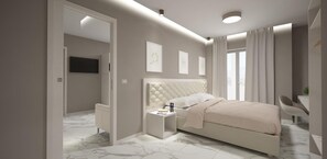 Una camera da letto moderna con un letto grande, comodini, televisione e vista sull'esterno.