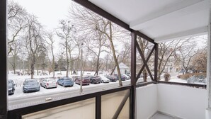 Een balkon met uitzicht op geparkeerde auto's en kale bomen, wat een winterse sfeer oproept.