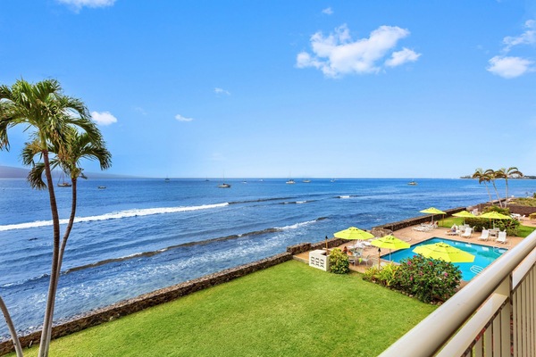 Private lanai with unobstructed oceanfront views — perfect for morning coffee or sunset relaxation.