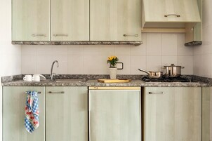 A kitchen with light green cabinets, a granite countertop, a sink, a stove, and a small potted plant.