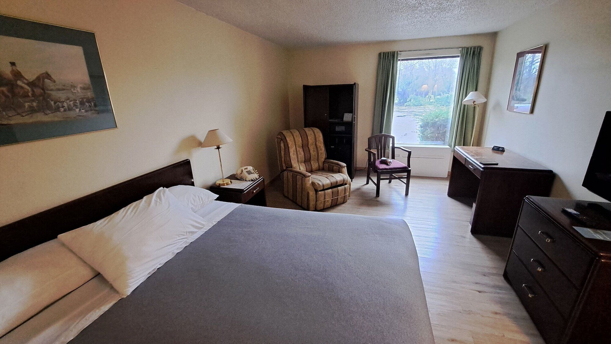 Een hotelkamer met een groot bed, een stoel, een bureau en een televisie.