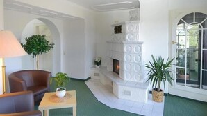 A living room with a fireplace, a brown leather sofa, a small table, and a potted plant. - Waldachtal Business Balance (Waldachtal)