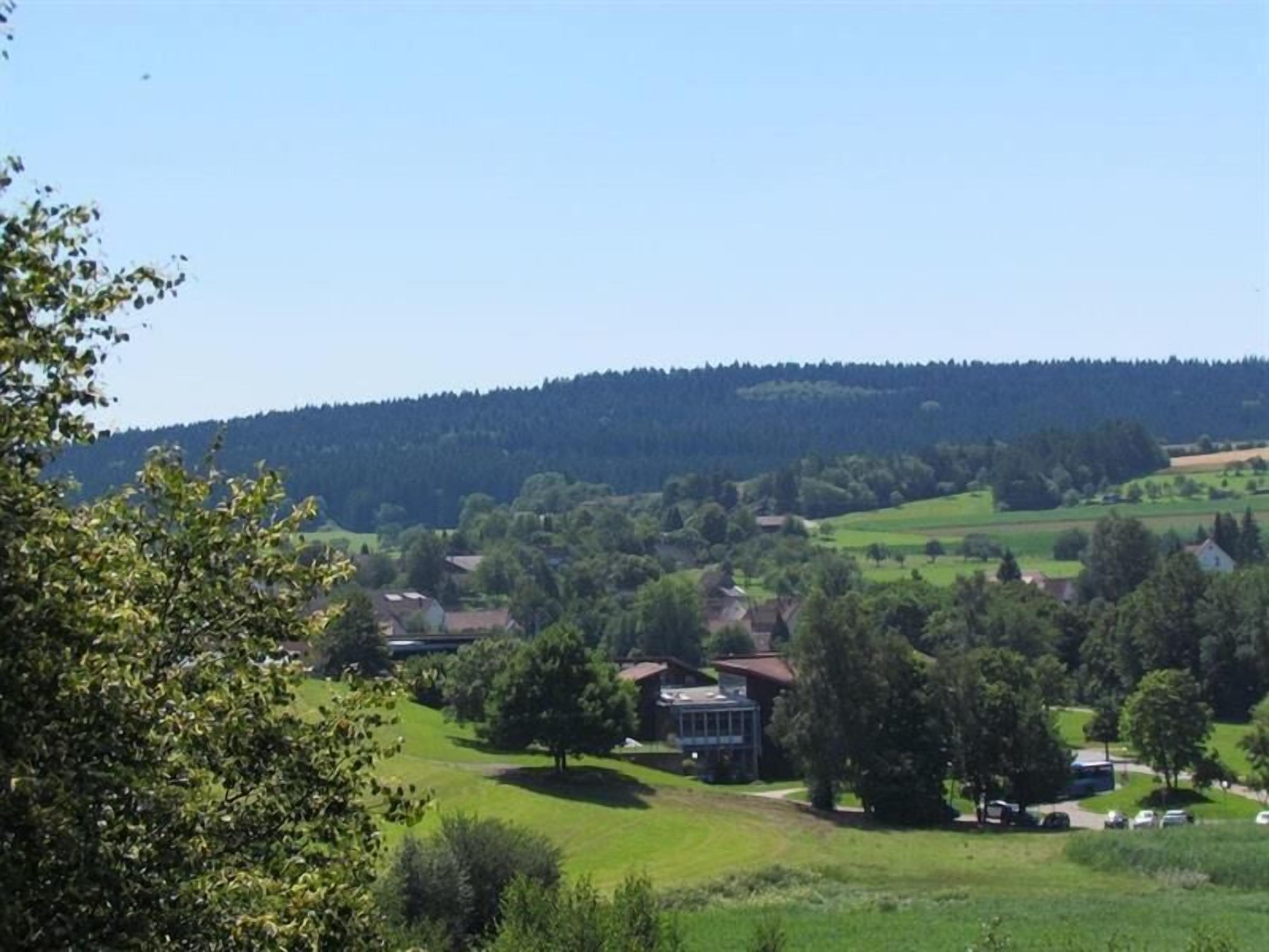 A rural landscape with a large house surrounded by trees and open fields.