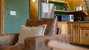 A cozy living area with a brown leather sofa and a cushion, a wooden kitchen with cabinets and appliances, and a green textured wall. - Alaska Lakeside Cottage (Seward)