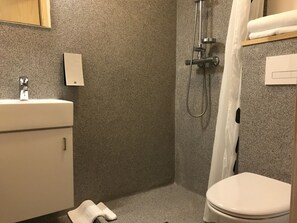 Een badkamer met douche, wastafel en toilet.