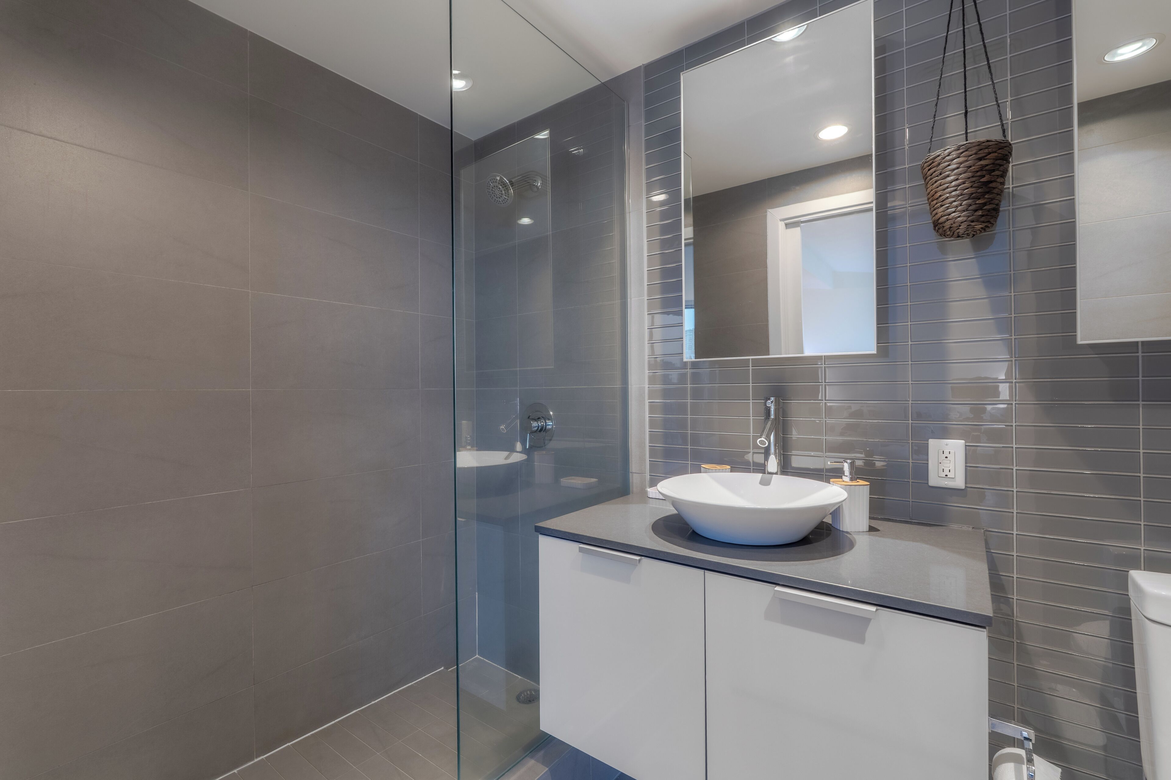 Hair dryer, towels, soap, toilet paper